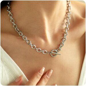 🆕 Women White Toggle Bar Clasp Chain Necklace Dainty Choker Stainless Jewelry